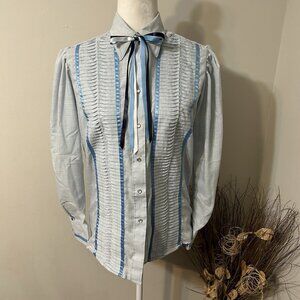 Vtg Rockmount Ranch Wear Women Shirt Pearl Snap Ribbon Bow Blue Sz 34 Flaw Read